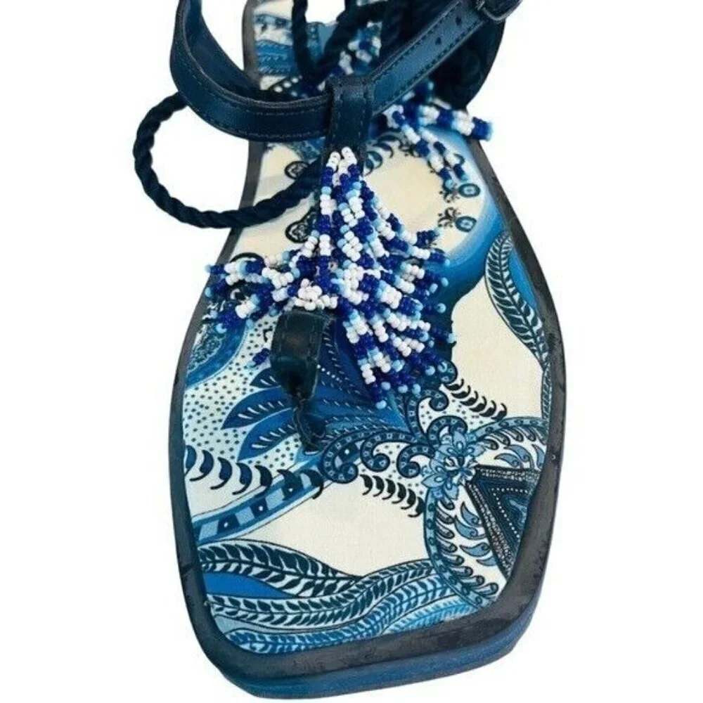 FARM RIO Blue Tile Beaded Flat Lace Up Sandals Blue NEW $260